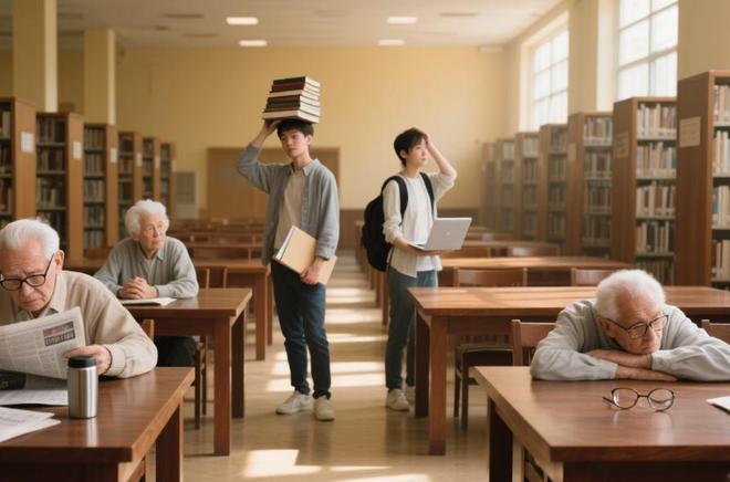 图书馆座位被老人占满学生没座位管理员无奈调亮所有灯光(图1)
